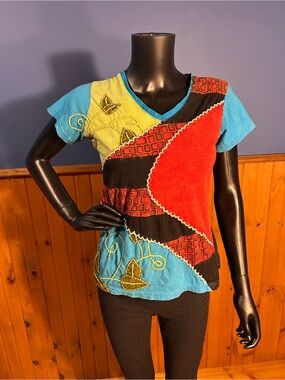 Vintage Authentic Patchwork Women's Tee - Blue Red Black by Rising International